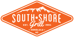 A red and white logo for the south shore grill.