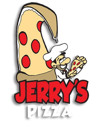 A cartoon of a pizza with the name jerry 's pizza on it.